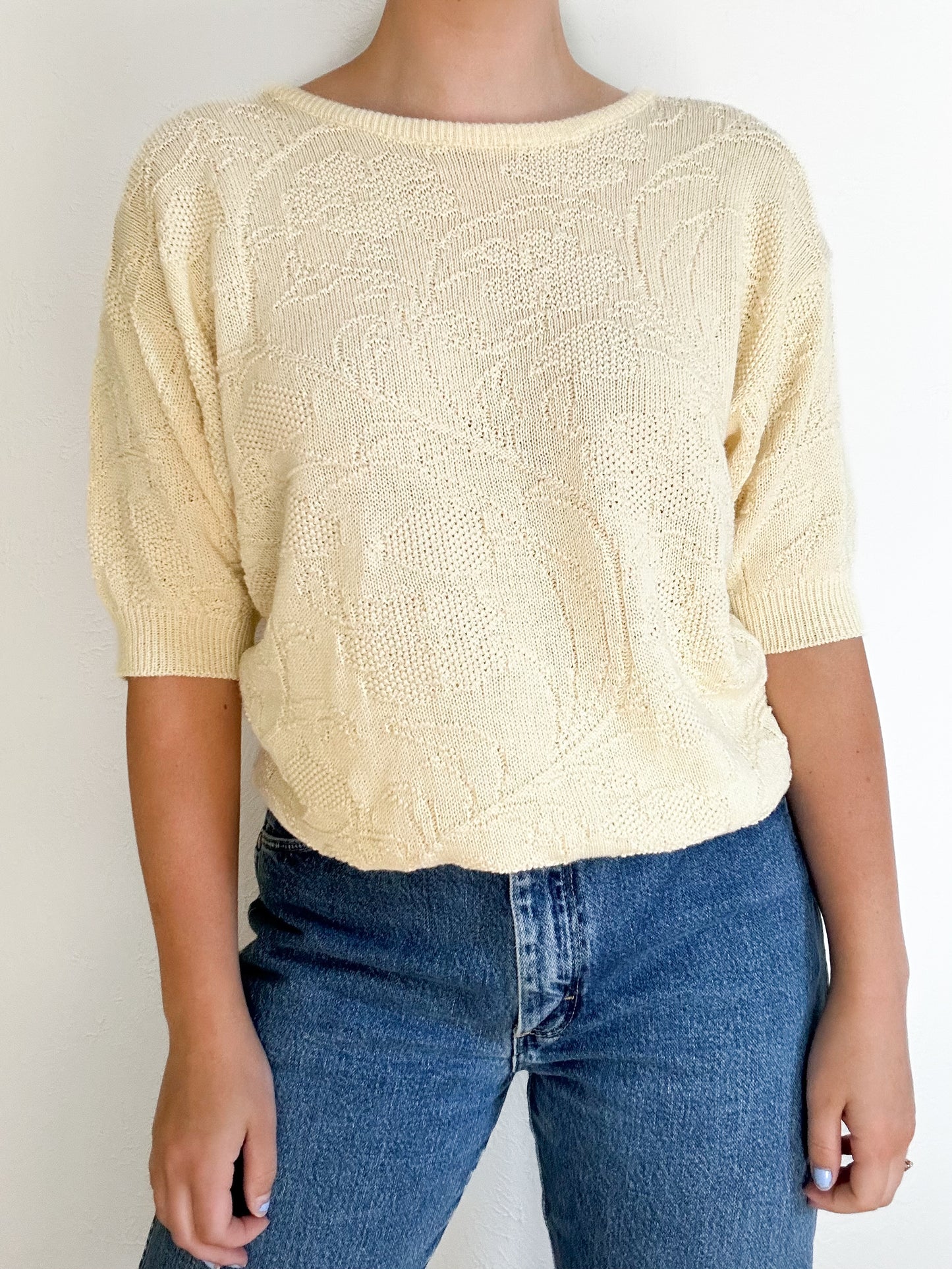 Butter Yellow Floral Knit Vintage Top (M)