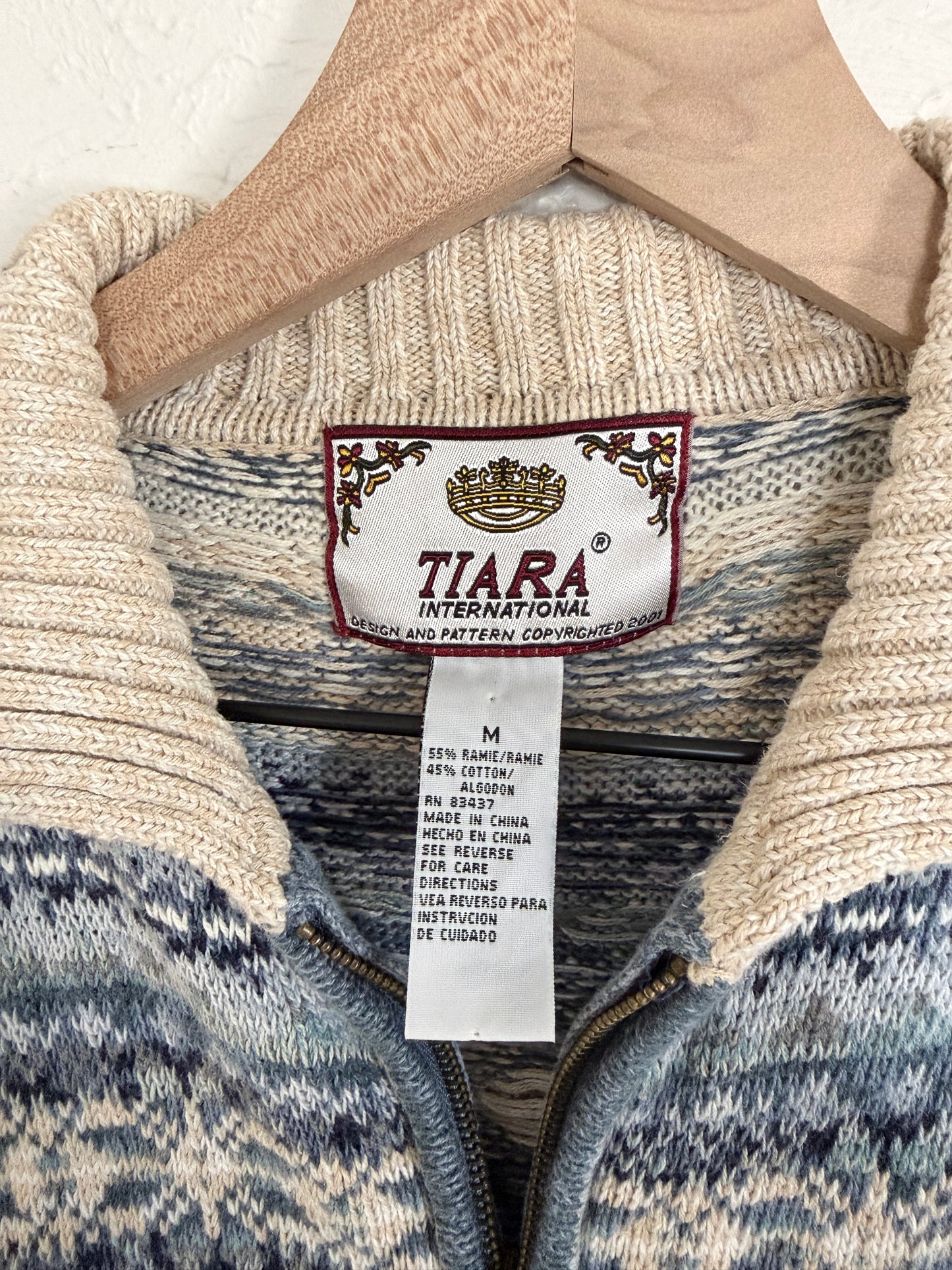 Tiara Vintage Blue & Cream Fair Isle Zip Up (M)