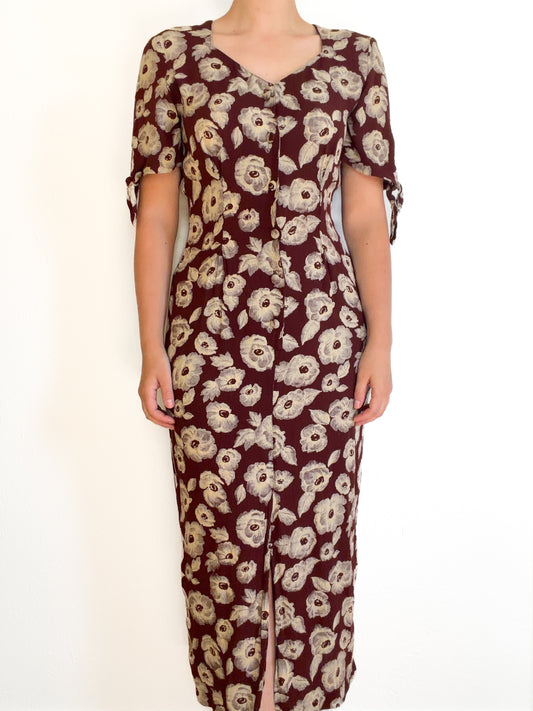 Vintage Brown Floral Button Dress (S)