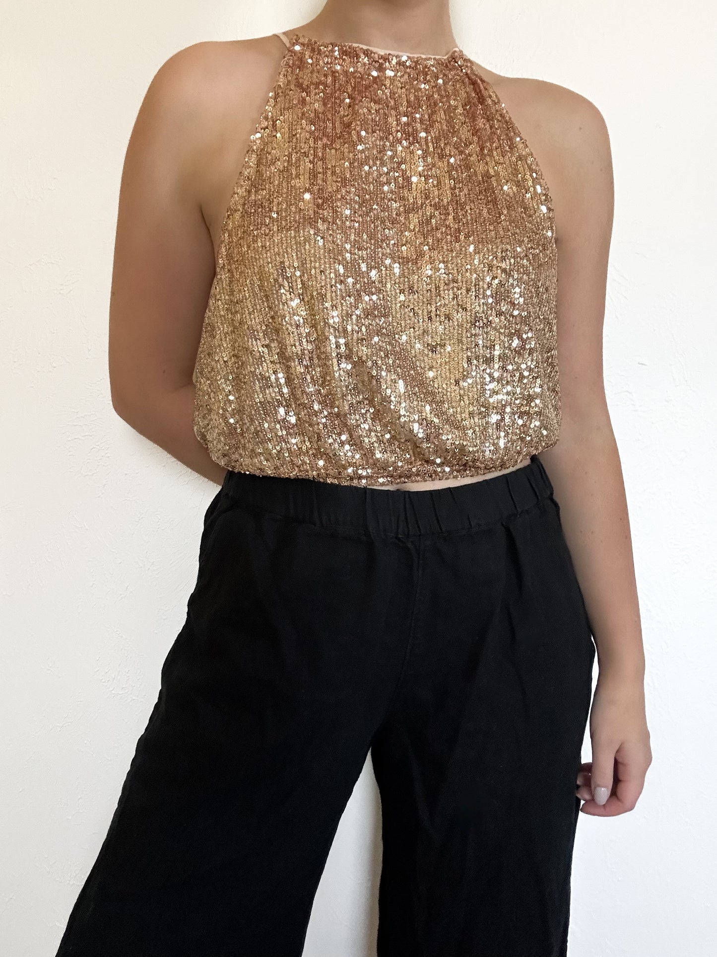 Free People ‘Lights Out’ Gold Sequin Halter Tank (M)