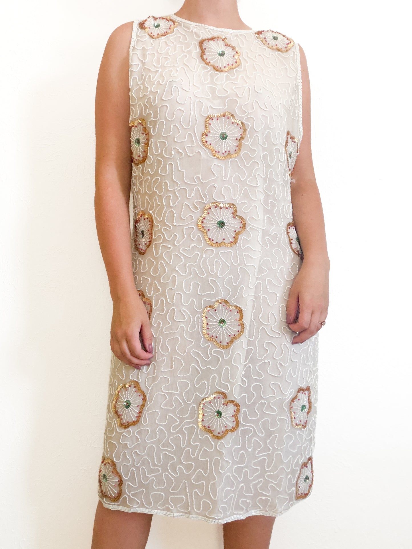 Vintage Ivory Beaded Floral Sequin Dress (M/L)