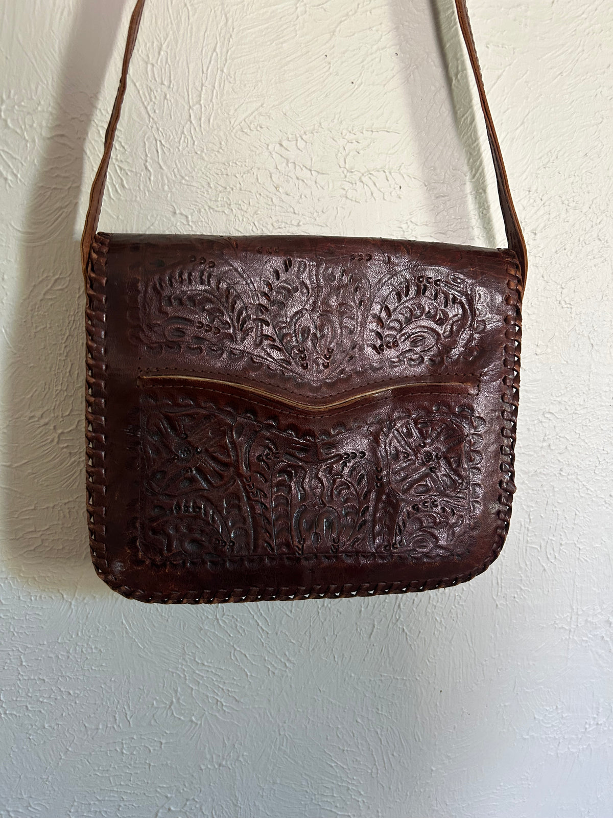 Dark Brown Vintage Leather Tooled Purse
