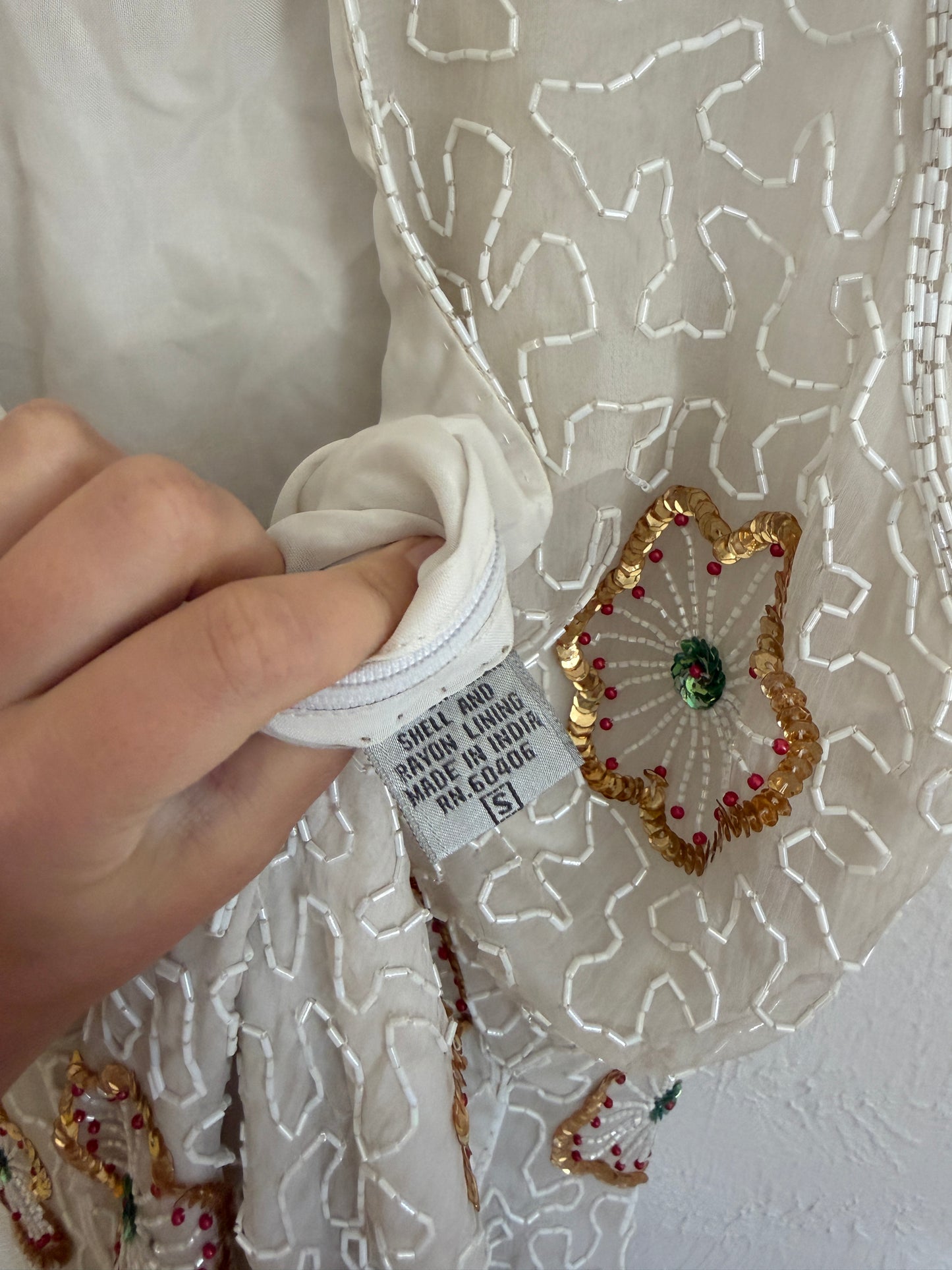Vintage Ivory Beaded Floral Sequin Dress (M/L)
