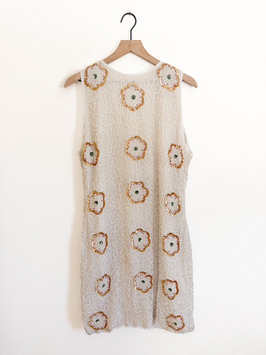 Vintage Ivory Beaded Floral Sequin Dress (M/L)