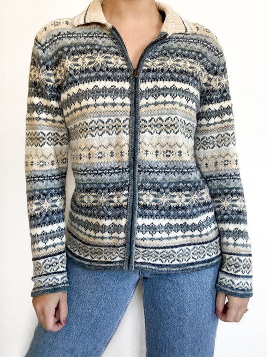 Tiara Vintage Blue & Cream Fair Isle Zip Up (M)