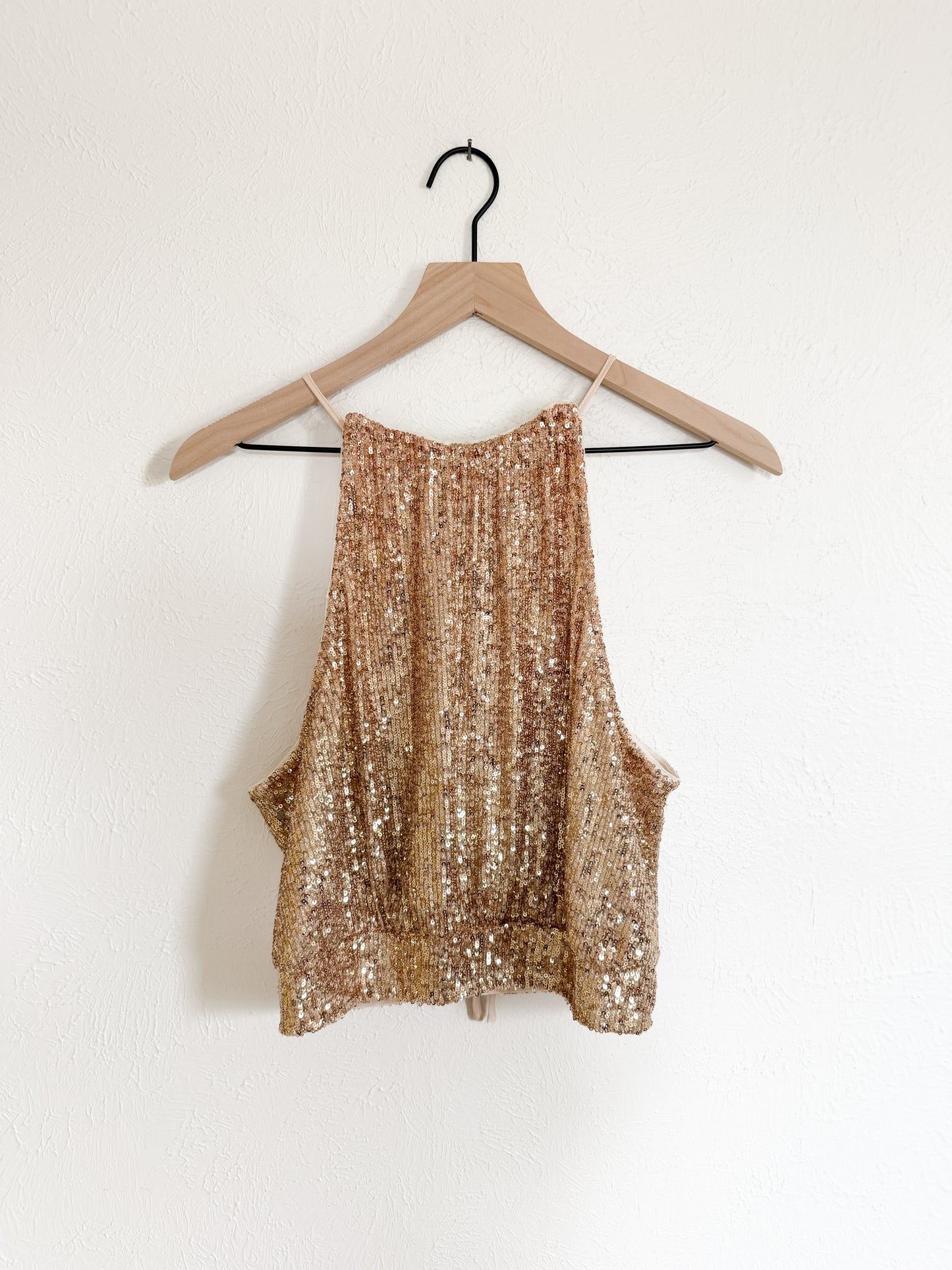 Free People ‘Lights Out’ Gold Sequin Halter Tank (M)
