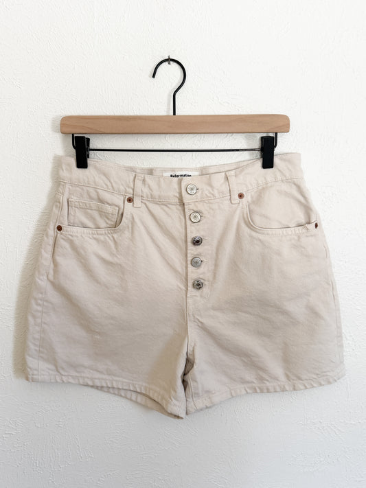 Reformation ‘Amy’ High Rise Cream Button Shorts (29)