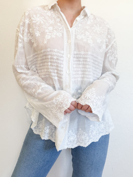 Sheer White Floral Button Up (M/L)