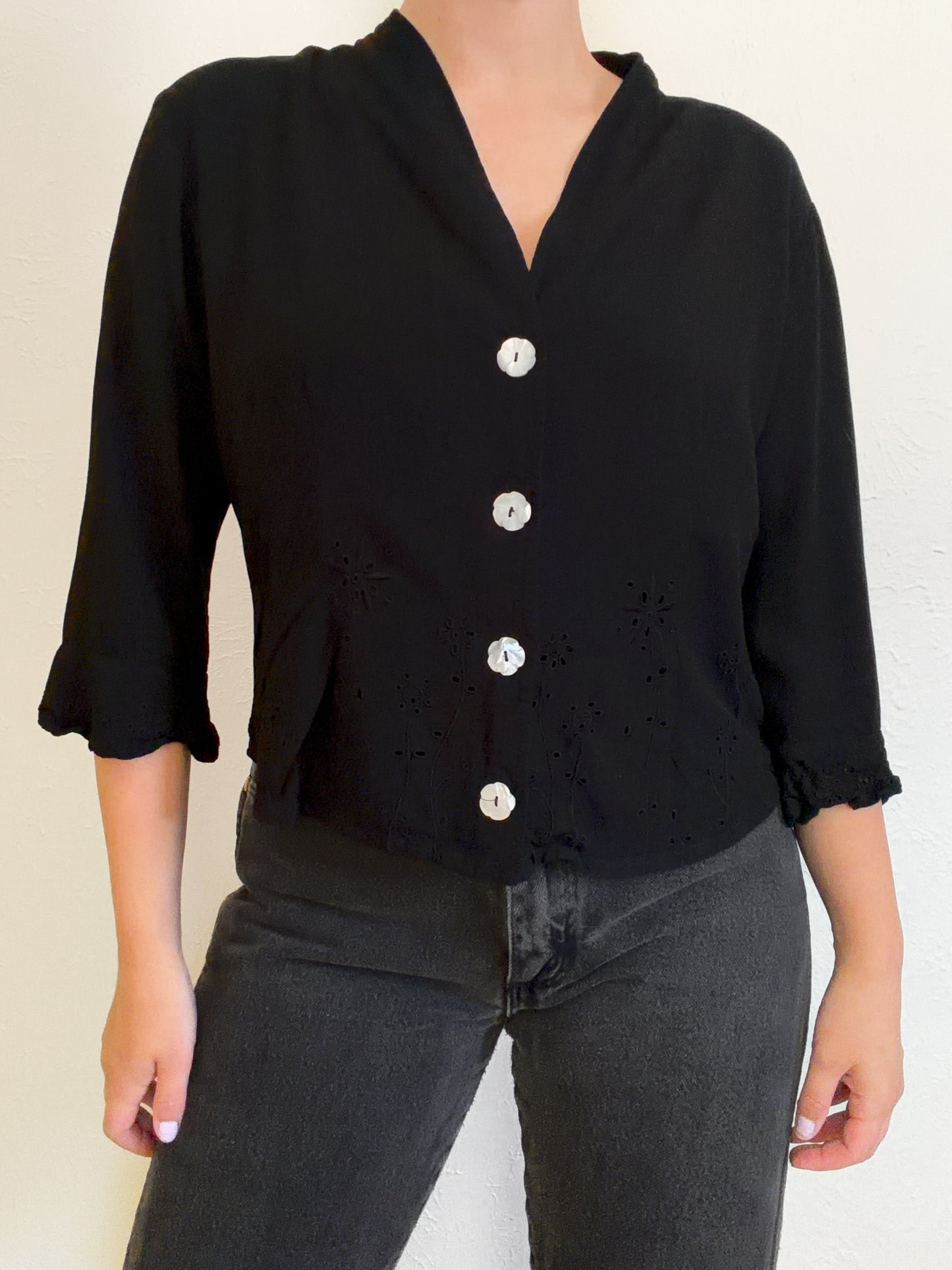 Vintage Embroidered Black Flower Top (S)
