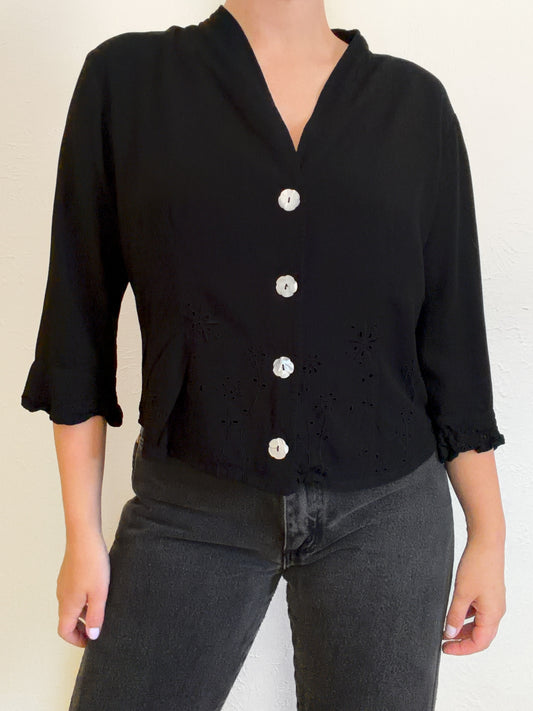 Vintage Embroidered Black Flower Top (S)