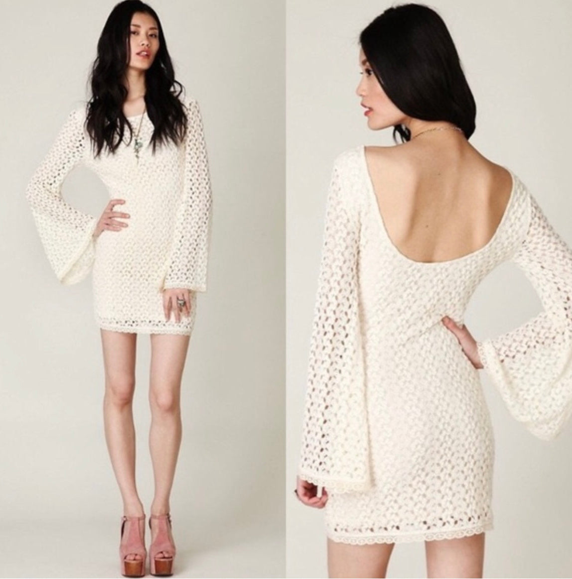 Free People Crochet Bell Sleeve Mini Dress (XS)