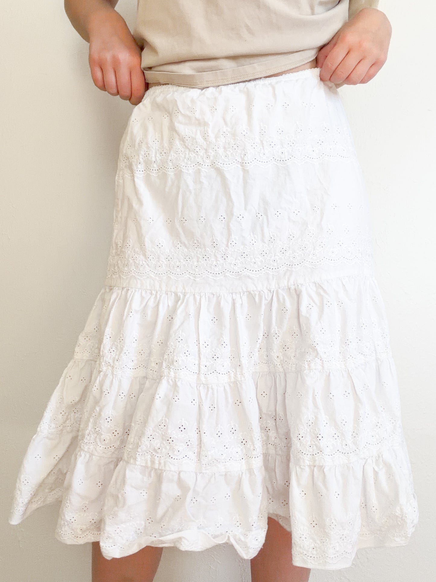 White Lacy Tiered Midi Skirt (M)