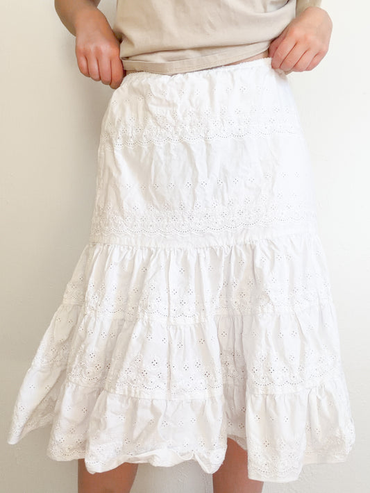 White Lacy Tiered Midi Skirt (M)