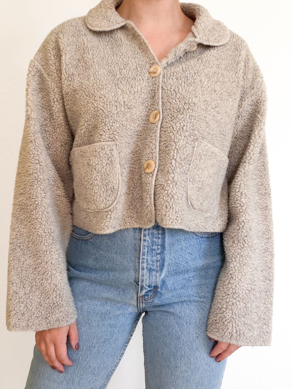 Vintage Beige Fleece Cropped Jacket (S)