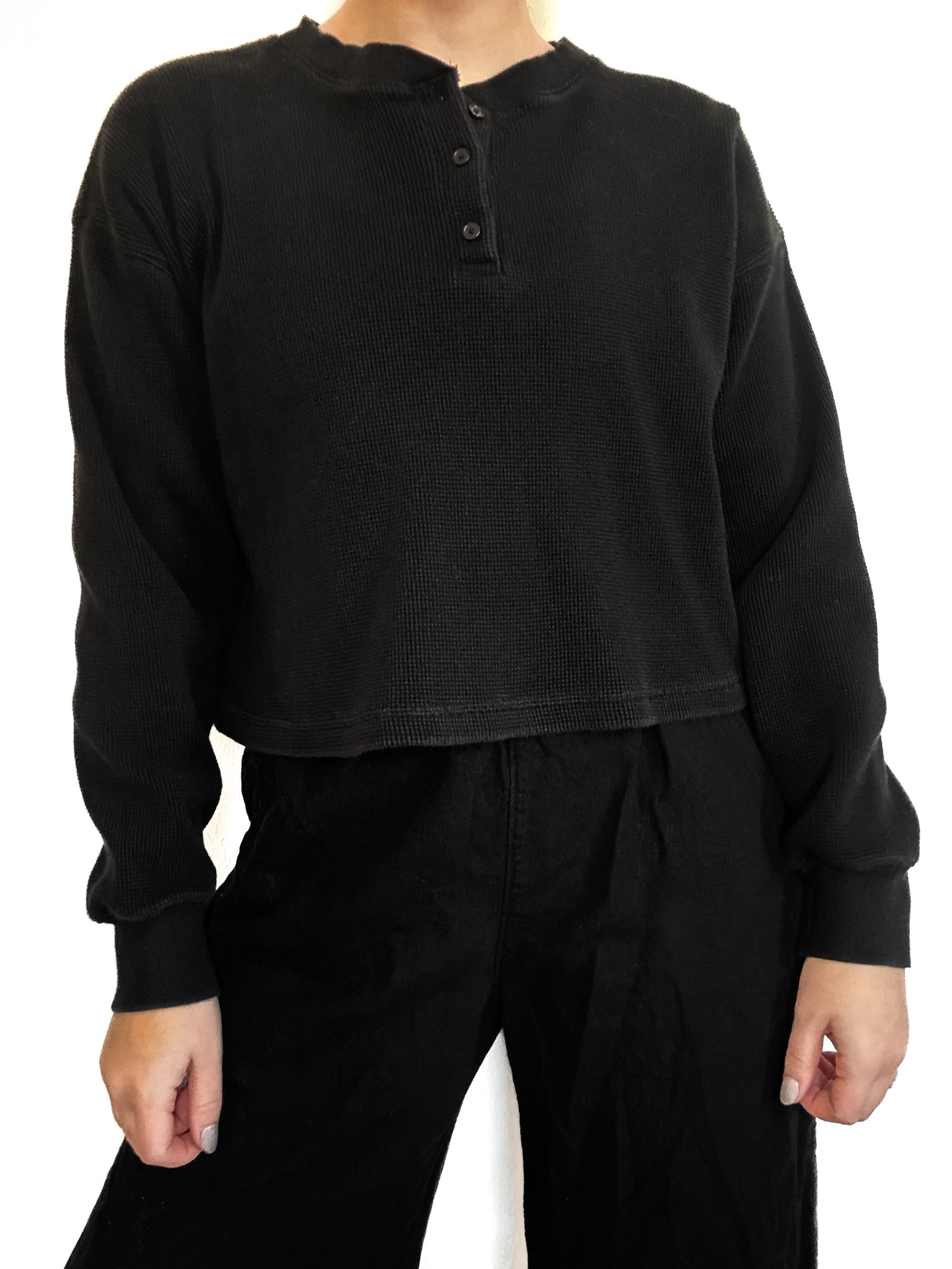 TNA Waffle Knit Black Cropped Henley (S)