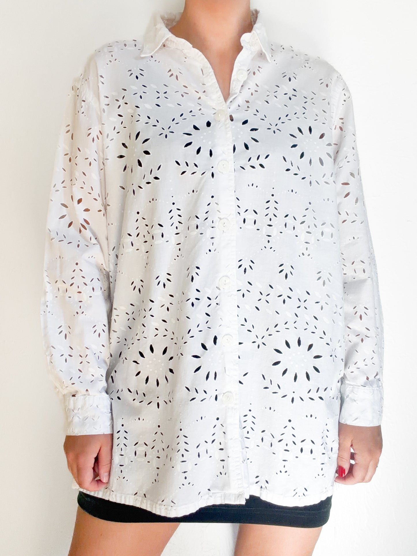 White Cutout Eyelet Button Up Long Sleeve (M/L)