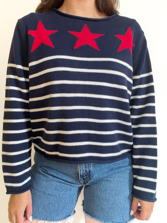 Vintage Red Star Navy Striped Sweater (M)