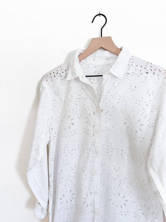White Cutout Eyelet Button Up Long Sleeve (M/L)