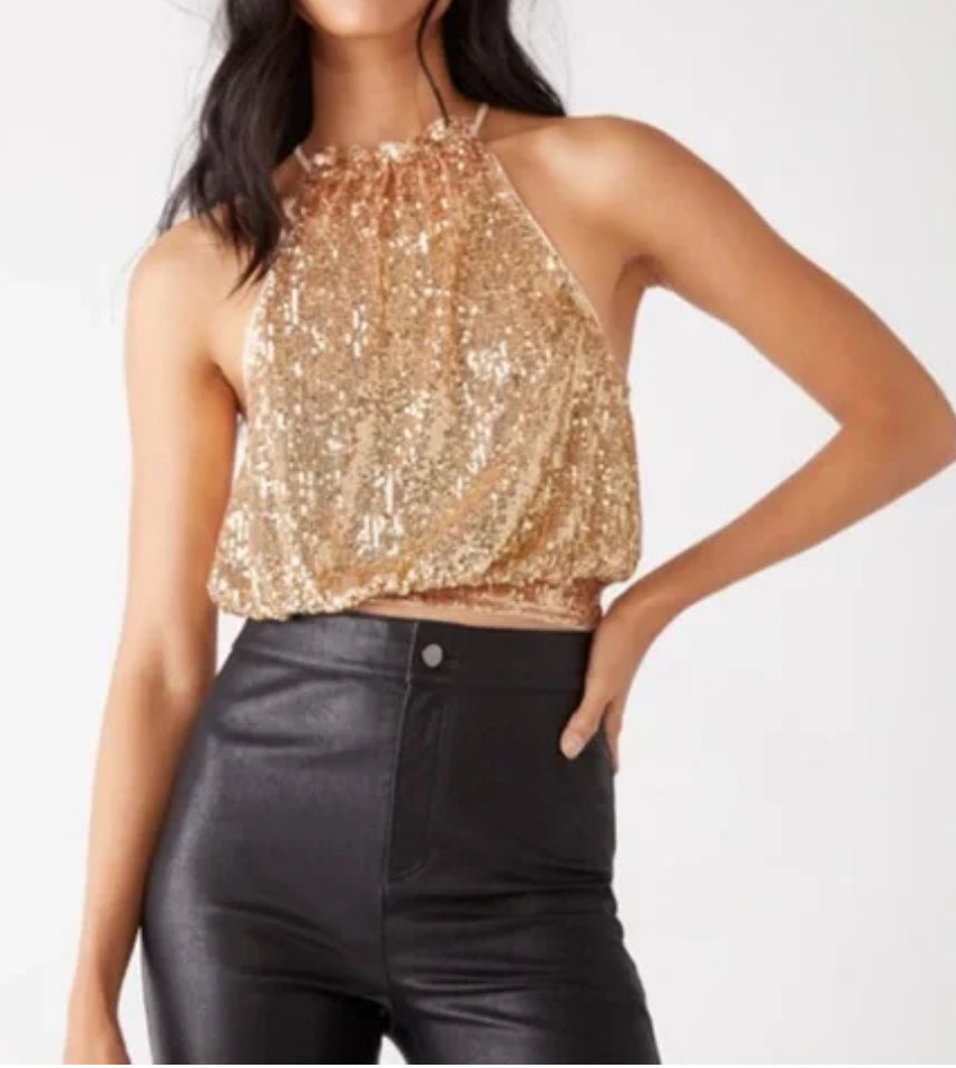 Free People ‘Lights Out’ Gold Sequin Halter Tank (M)