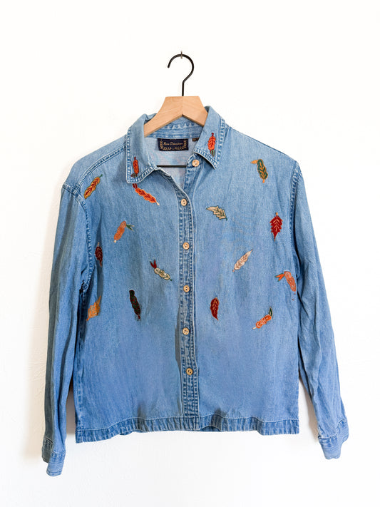 Vintage Fall Leaves Denim Button Up (S)