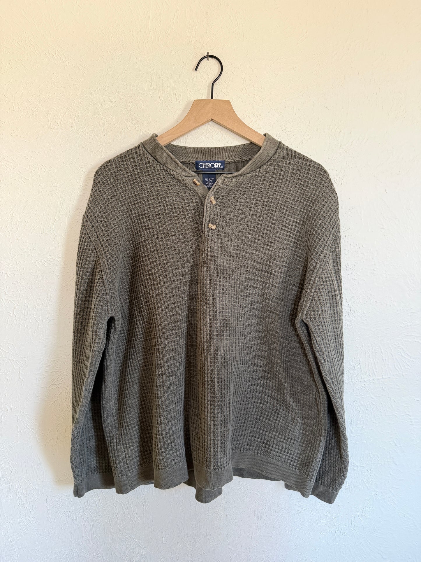 Green Waffle Knit Vintage Henley (L)